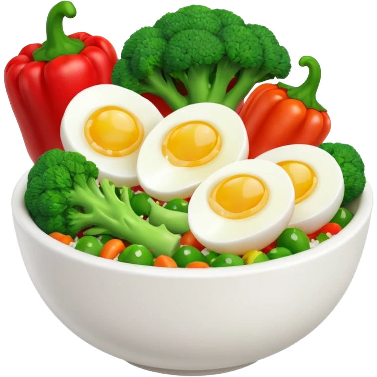 3D food emoji, glossy, smooth shapes, premium style,
broccoli, red bell pepper, rice bowl, chicken breast,
boiled eggs, vitamins bottle,
light warm background
 emoji