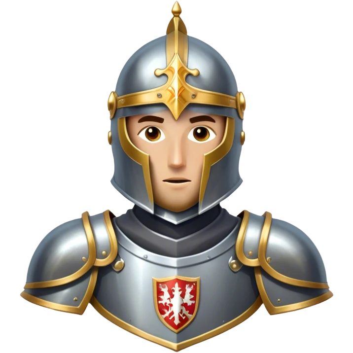 Clash of Clans aesthetic friendly Knight Portrait Emoji, With a noble, armored build featuring a gleaming suit adorned with intricate heraldry and a determined gaze behind a visored helm, his face rendered in a natural skin tone (not yellow), Simplified yet dynamic features, highly detailed, glowing with a cool, steely radiance, high shine, courageous and resolute, stylized with an air of chivalric valor, focused and stalwart, soft glowing outline, capturing the essence of a valiant knight ready to charge into epic quests with honor! emoji