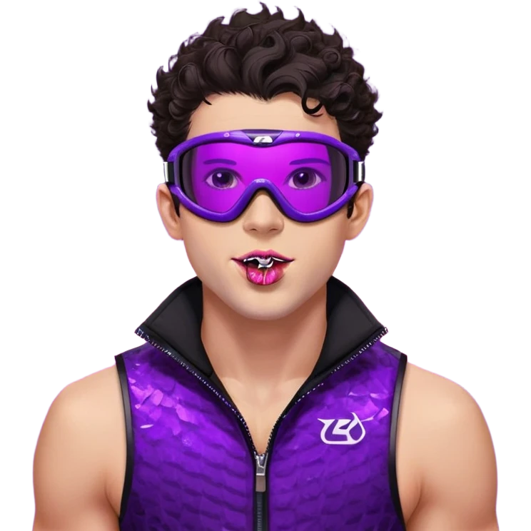 close-up of cool guy male athlete with white skin and moderately curly dark brown hair on top with shaved sides, with one purple ski goggle lens pushed up above his eyes on his forehead, sticking his tongue out of his mouth, a simple plain black chain necklace, and a completely unzipped sleeveless vest with purple and black sequin fire pattern design with no logo emoji