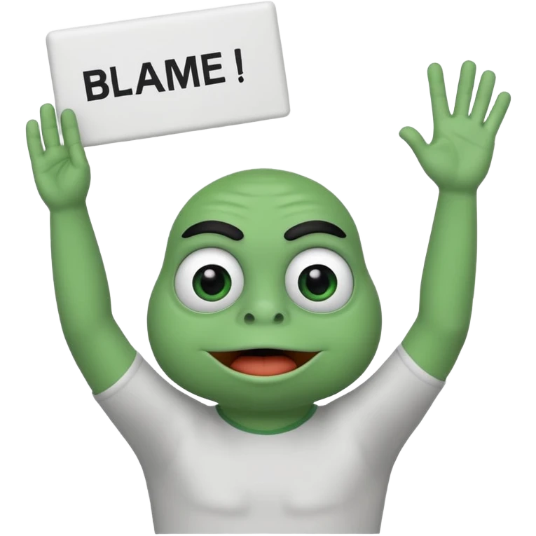 Animated pepe holding sign with 2 hands up in the air and write on it blame epiic emoji