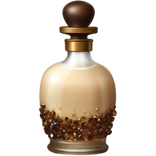 Antique parfumerie bottle with oil, made of bronze and brown crystals, white cream and coffee milk pour from the bottle emoji