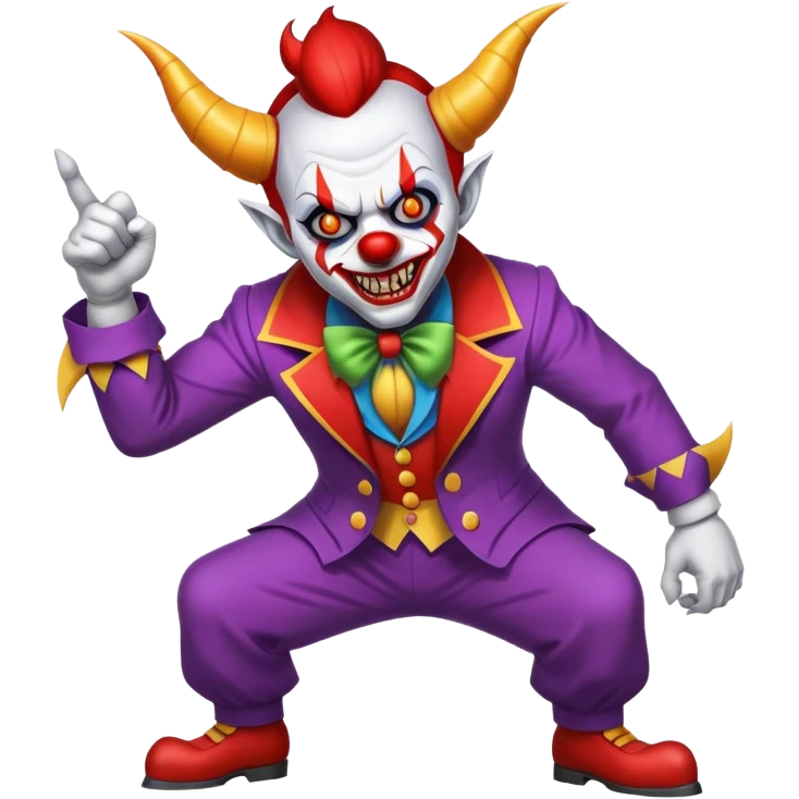 evil clown with horns, fangs, pointed ears, leisure suit, battle-ready, fighting posture emoji