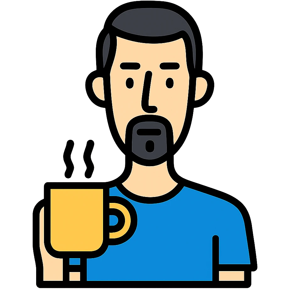 A thin guy with black hair, a long face, black beard, not too thick and long, holding a mug of coffee emoji