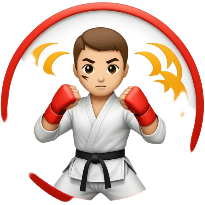 An emblem-style emoji symbolizing striking martial arts. The design features a stylized fighter in a dynamic stance, delivering a powerful punch, surrounded by a circular border with traditional elements like fists and combat symbols. Bold, clean lines with contrasting colors. emoji