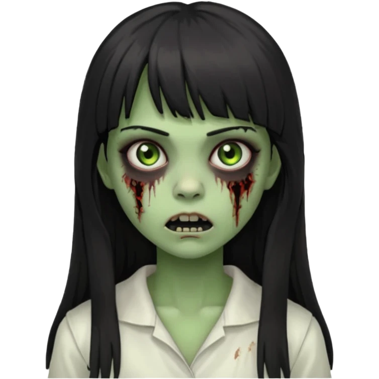 Make a girl with bangs with very dark black and long hair, light brown eyes and white clothes in the form of a zombie with green and scary skin emoji