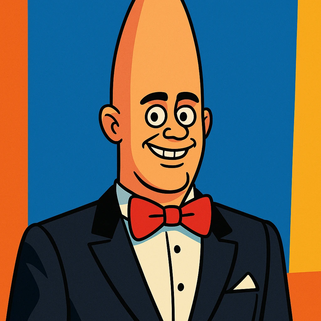 Coneheads man with a very tall cone-shaped head, wearing a tuxedo, vibrant cartoon style emoji