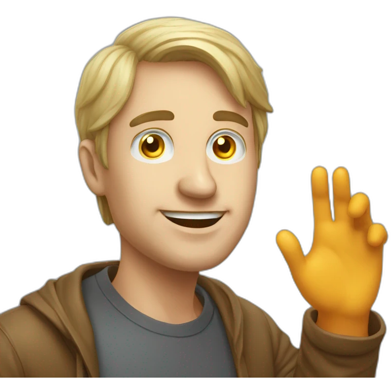 a man waves hello, bitcoin in his eyes emoji