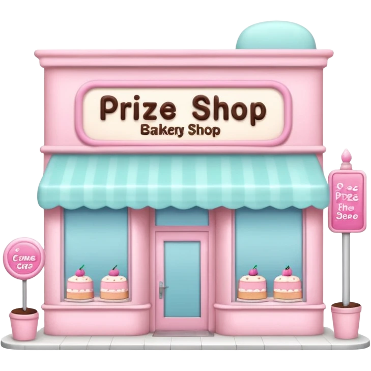pastel pink cake bakery storefront with a large window and a sign above reading 'Prize Shop', charming and minimal, emoji style emoji