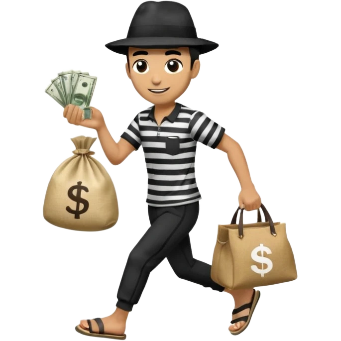 Make a man wear a black pant and he shirt is balck line and white line and wear a black hat and he holding a money bag and he running he wear a black eye thing no money in the Left hand and he yellow and the money bag in the right he wear a flip flop like this is Money bag 💰 NO MONEY emoji