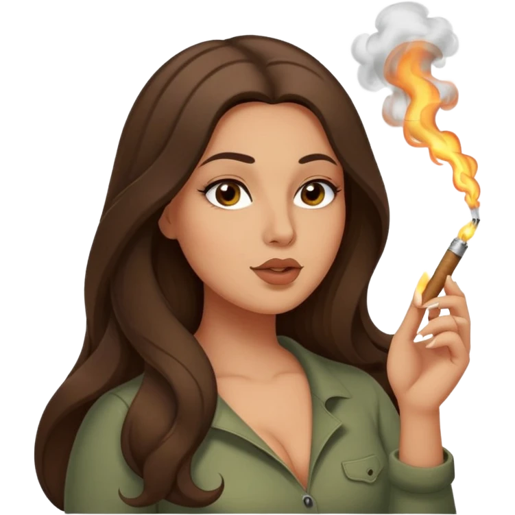 curvy long brunette hair, olive skin,  pose smoking weed emoji