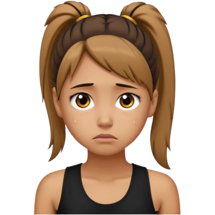 a tan girl with a ponytail, black tank top, . Looking sad emoji