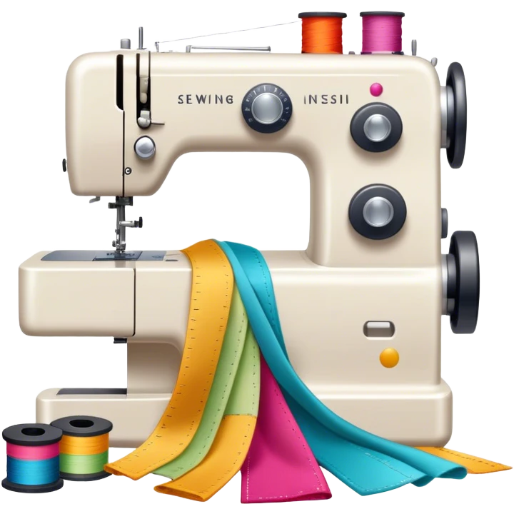 Sewing icon, sewing machine with thread, visible needle, spools of thread, fabric pieces cut according to patterns, measuring tape, pins, scissors, and a dress in progress, minimalistic style, clean lines, transparent background. emoji