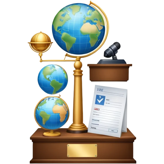 An icon featuring a podium with a speaker, a ballot box with a voting slip, and a globe, symbolizing political science. The design includes scales of justice and a world map in the background, representing governance and global politics. Transparent background highlights political analysis. emoji