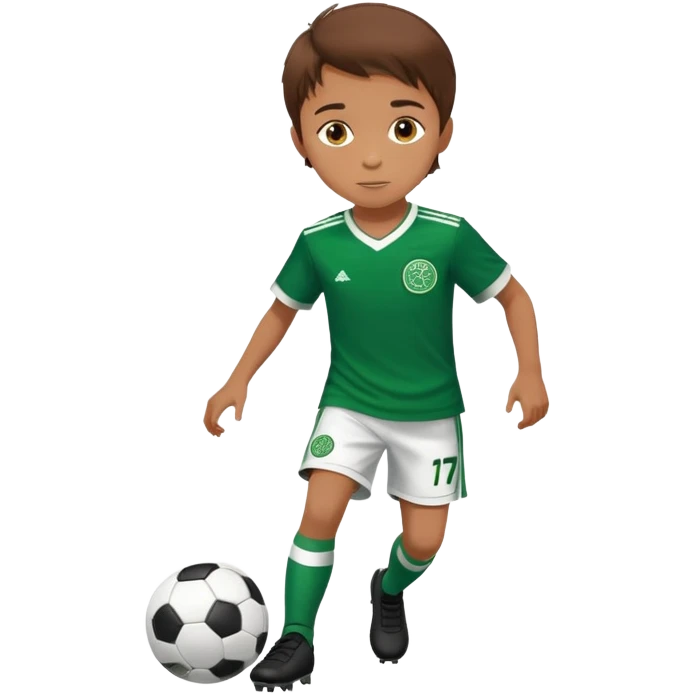 Brown hair 6 years old boy footballer running playing soccer wearing celtic uniform ( jersey) # 17 in the jersey !  emoji