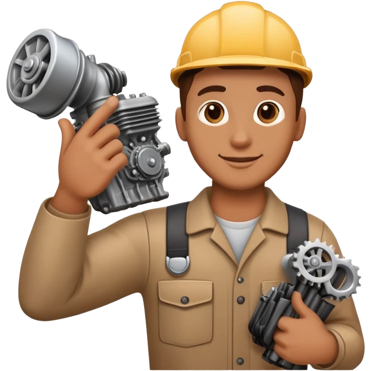 mechanic holding a car engine part in one arm, waving right hand, friendly, emoji style emoji