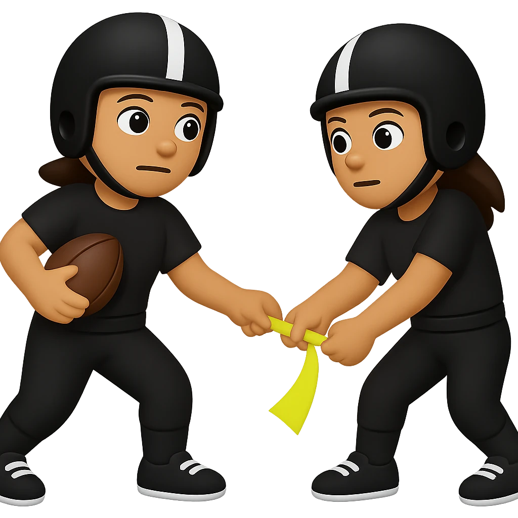 Create an emoji style image of a woman pulling a lemon lime flag from another player's belt. Both are wearing helmets and all black uniforms with white accents. The only flag belt is lemon lime color, no other flags. One football is present. Keep the background transparent. emoji