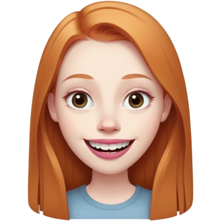 traditional emoji of young girl with very pale skin, long straight muted ginger hair, elongated oval face, bigger human-like eyes positioned close together, fuller thick eyebrows, wide nose, very large full pink lips with a big smile showing extremely large and prominent teeth, less intense expression emoji