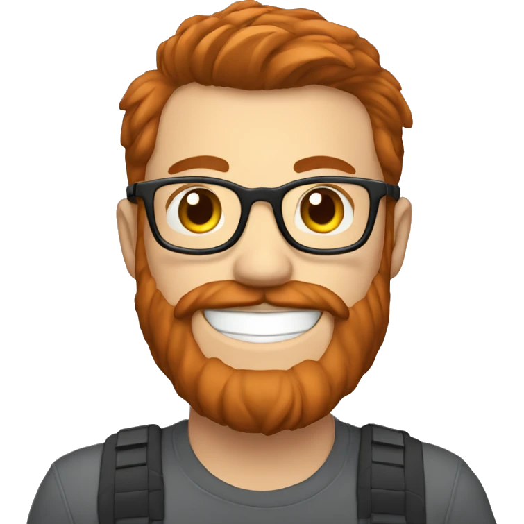 happy men with brown hair and red beard with glasses coding on computer emoji
