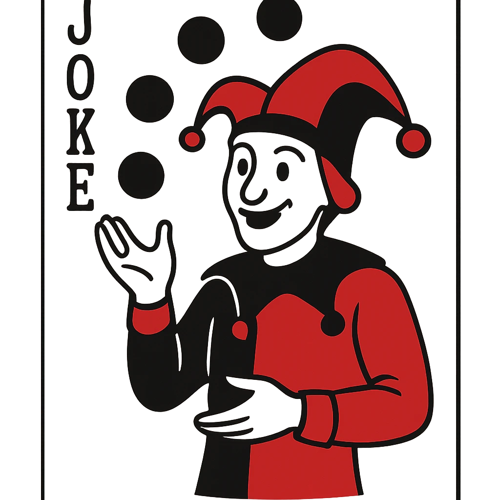 A joker card character with jester hat and playful expression, juggling balls emoji