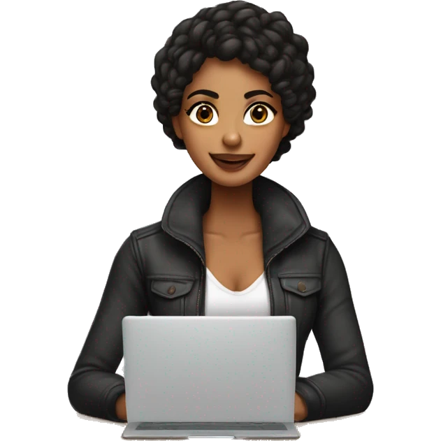 Chica de piel morena, cabello liso ondulado negro, ojos marrones con una laptop emoji