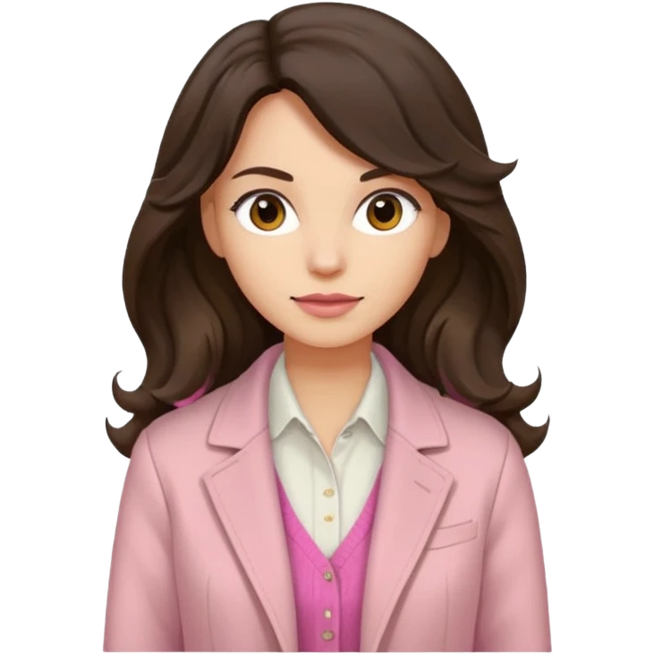 Portrait of woman with dark long wavy hair in white shirt, pink sweater and beige jacket emoji