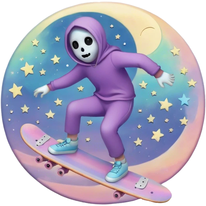 ghost skateboarding under a pastel moon and stars emoji
