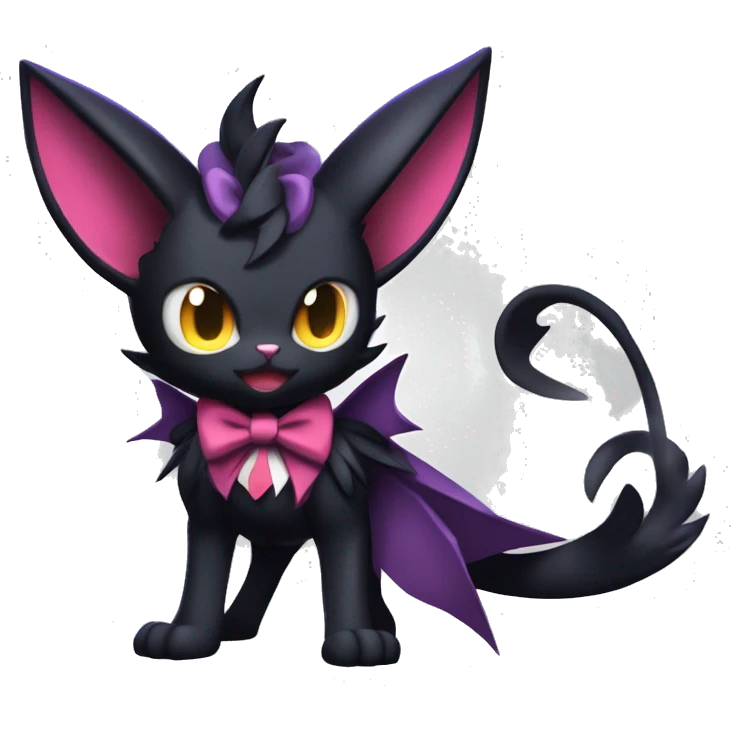 Shiny Dark Cool Shy Edgy Black beautiful fantasy Kawaii Sona Noibat-Litten-Fakemon-cat-animal with edgy bat-ears bow tie black emo-mane vtuber model Full Body emoji