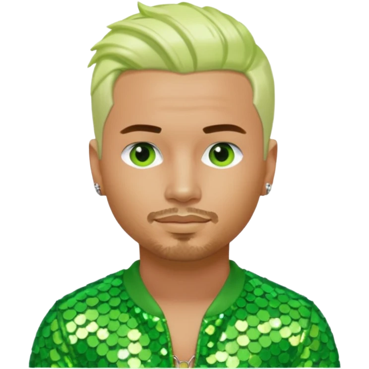 J Balvin with platinum blonde hair, lime green sequin outfit emoji