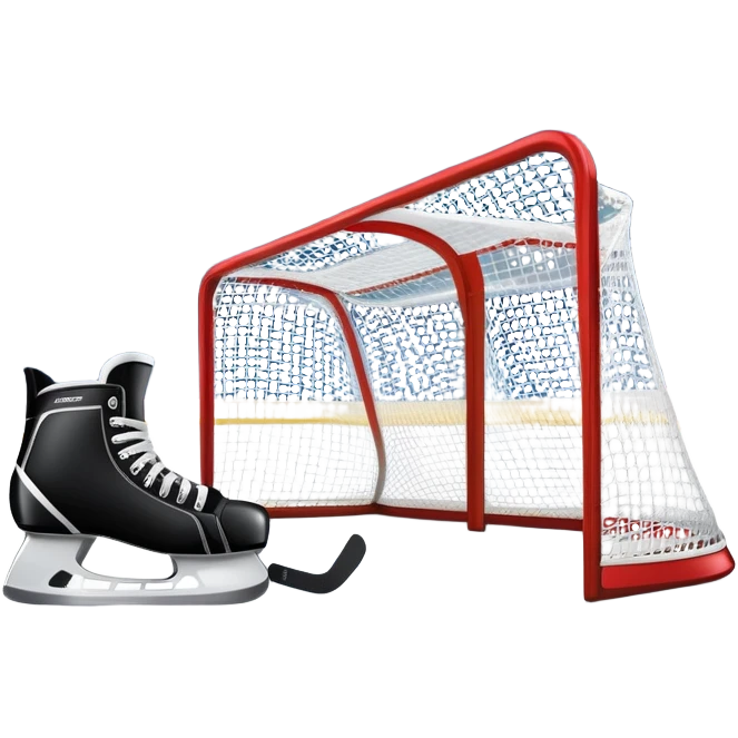 An icon showing a hockey stick, puck, skates, and goalposts on the ice. The background features a large hockey stadium with cheering fans, bright lights, and a snowy landscape visible through the arena. Transparent background highlights the main hockey equipment and atmosphere. emoji