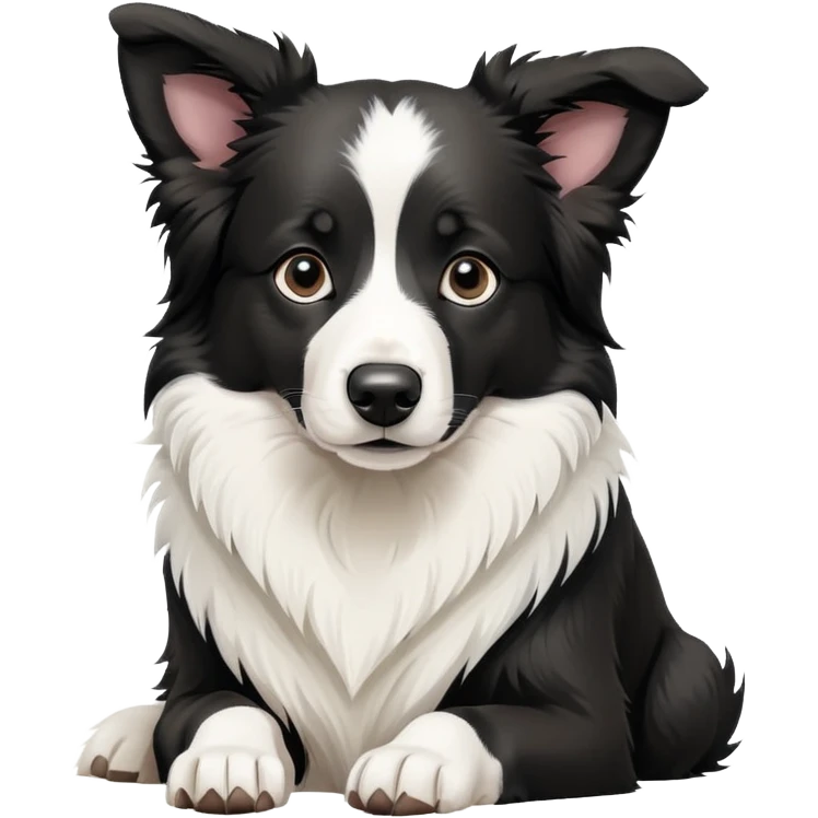 Sitting Border Collie dog with ONLY ONE single black ear, the rest of the dog including the other ear is completely white, extreme contrast between the one black ear and white body emoji