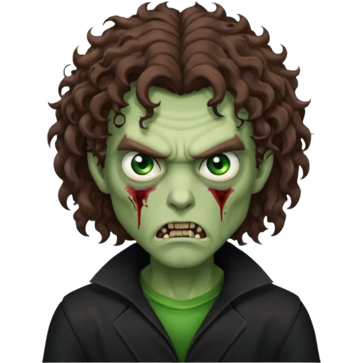 long curly haired male zombie with brown hair color and green eye color, with dark vampire clothes and angry face emotion emoji