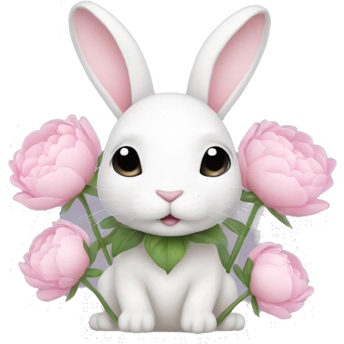 cute white bunny holding light pink peonies emoji