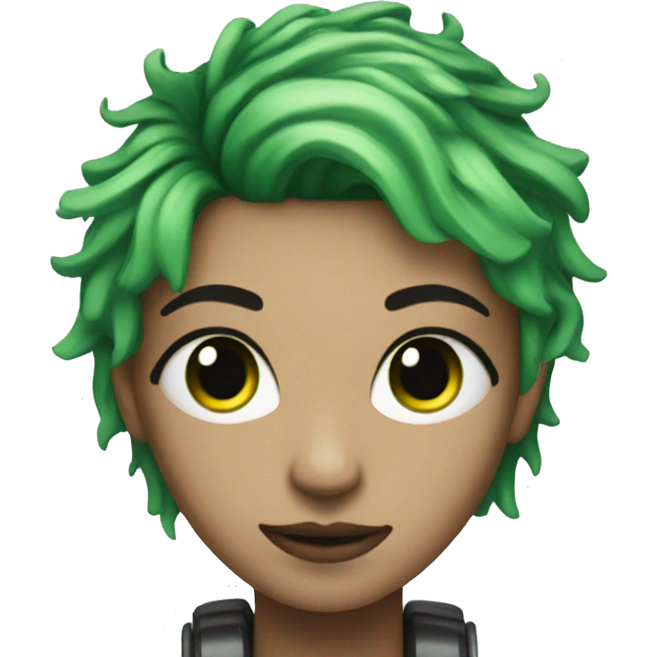 Cyborg with green eyes and green hair emoji