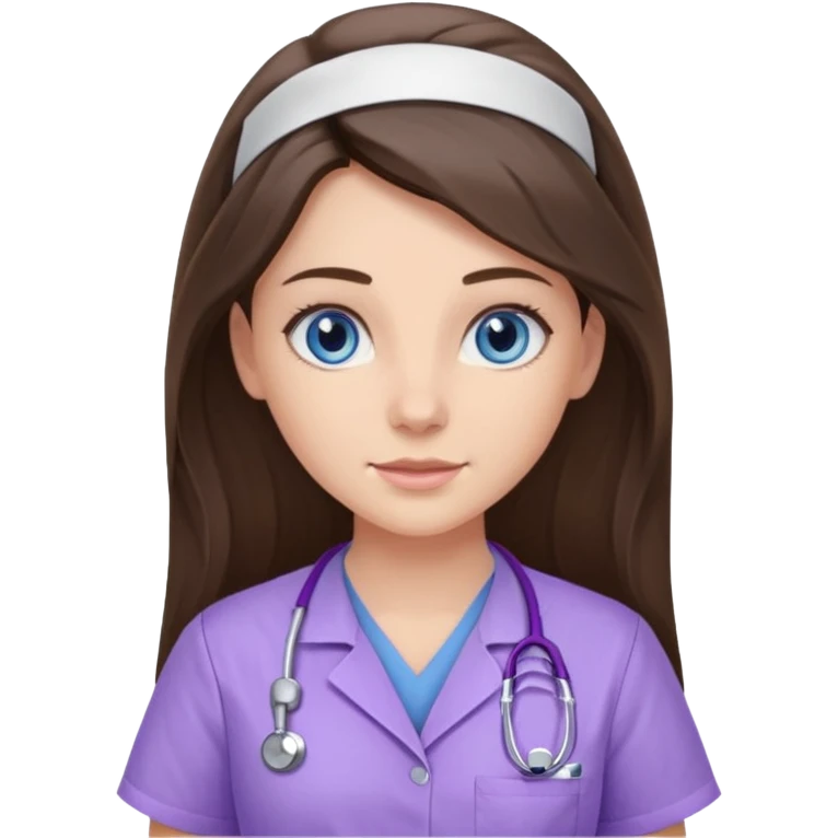 pretty brunette nurse with long hair and blue eyes in lilac scrubs emoji