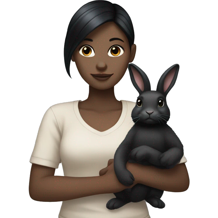White girl with black hair holding a black bunny emoji