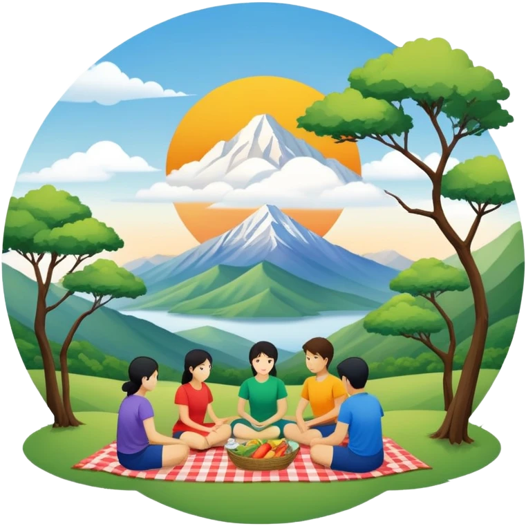 "East Asian teams in color-coded tees picnic under trees. Mountain ridges in distance, Sunlord cloud logo. Circular minimalist art." emoji