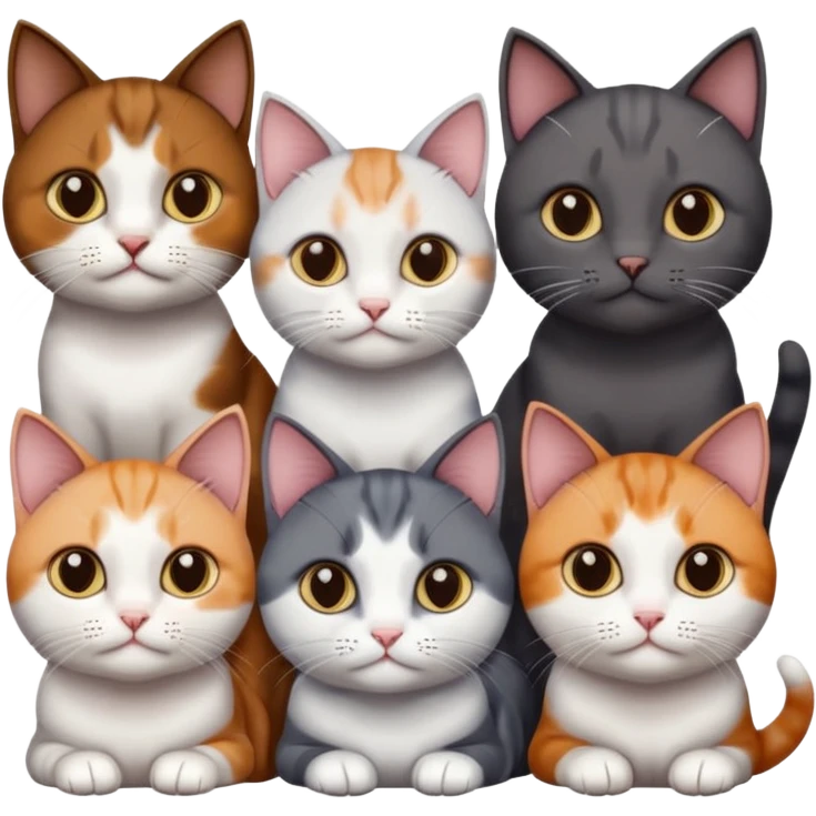 4 different coloured short haired cats including; a dark brown and white cat, and a dark grey and white, and a calico emoji
