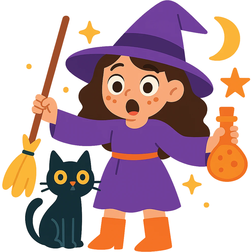 Make the brunette girl witch with a black cat look surprised, keep her whimsical and magical, vibrant toon style, no background. emoji