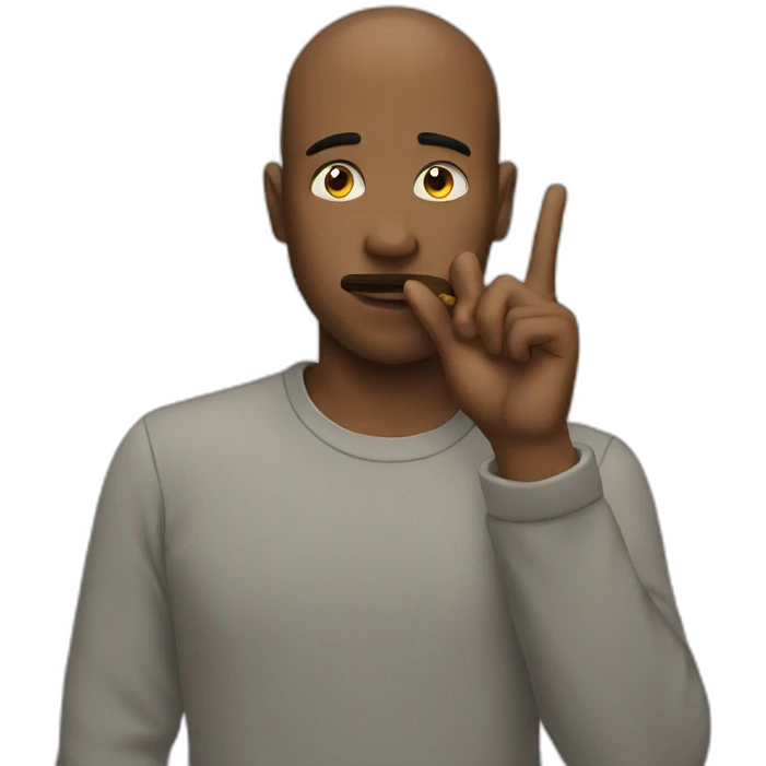 A guy with his finger in his mouth making the silence sign emoji