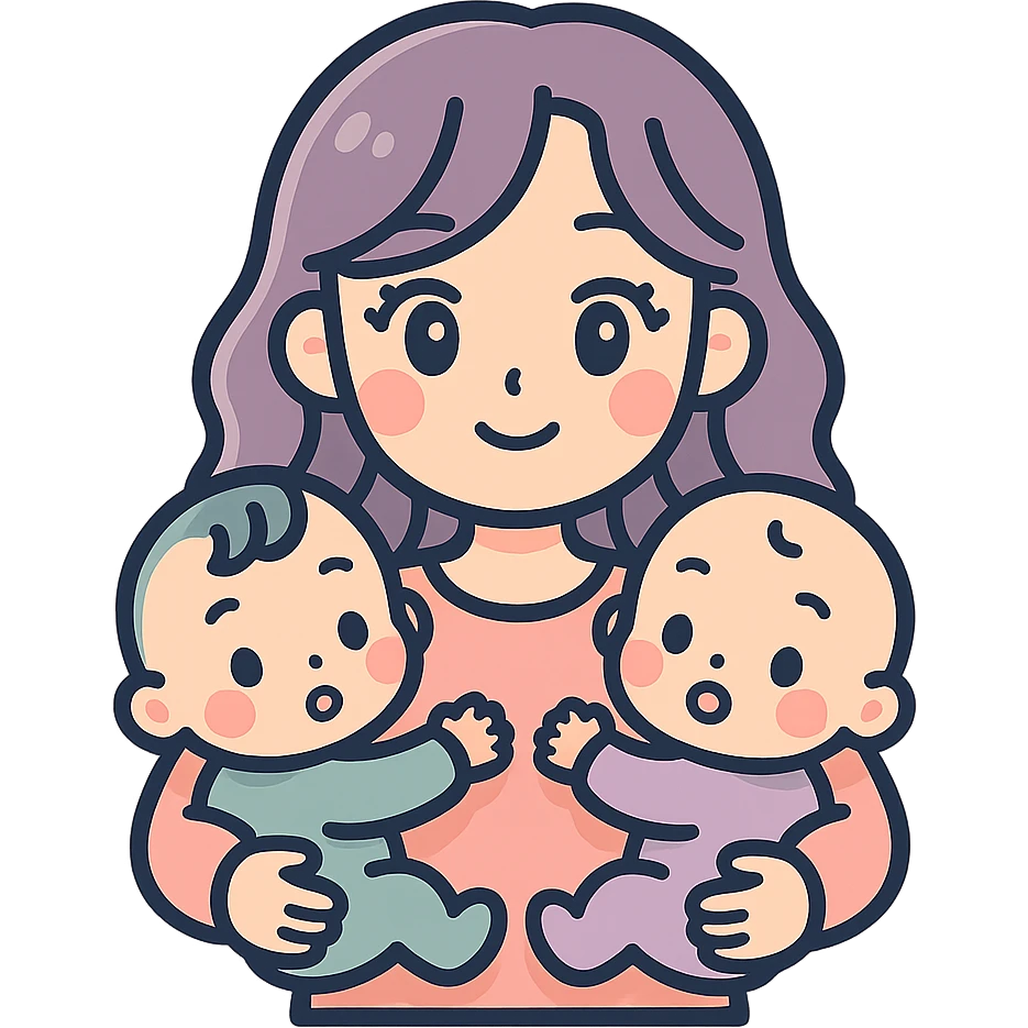 cute young woman with long wavy hair and expressive eyes holding two babies in bodysuits, icon-color-outlined style, detailed shadows and highlights, thin clean contours, soft rounded shapes, pastel palette #98B5BC, #B5B3C1, #C9A3C9, #E4C0CA, #F7DCD1, #F7C0AA, modern Japanese pop art and sticker aesthetic, soft lighting, transparent background emoji
