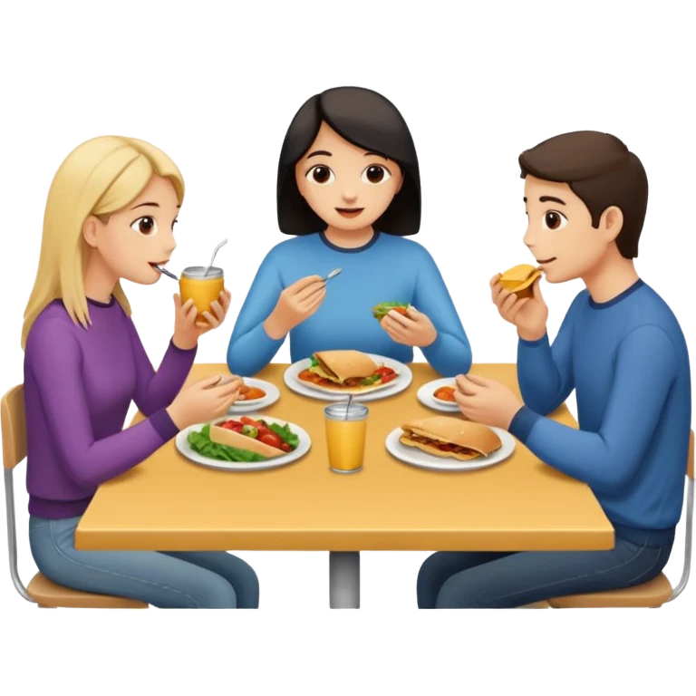friends eating lunch, face each other, indoor, three people emoji