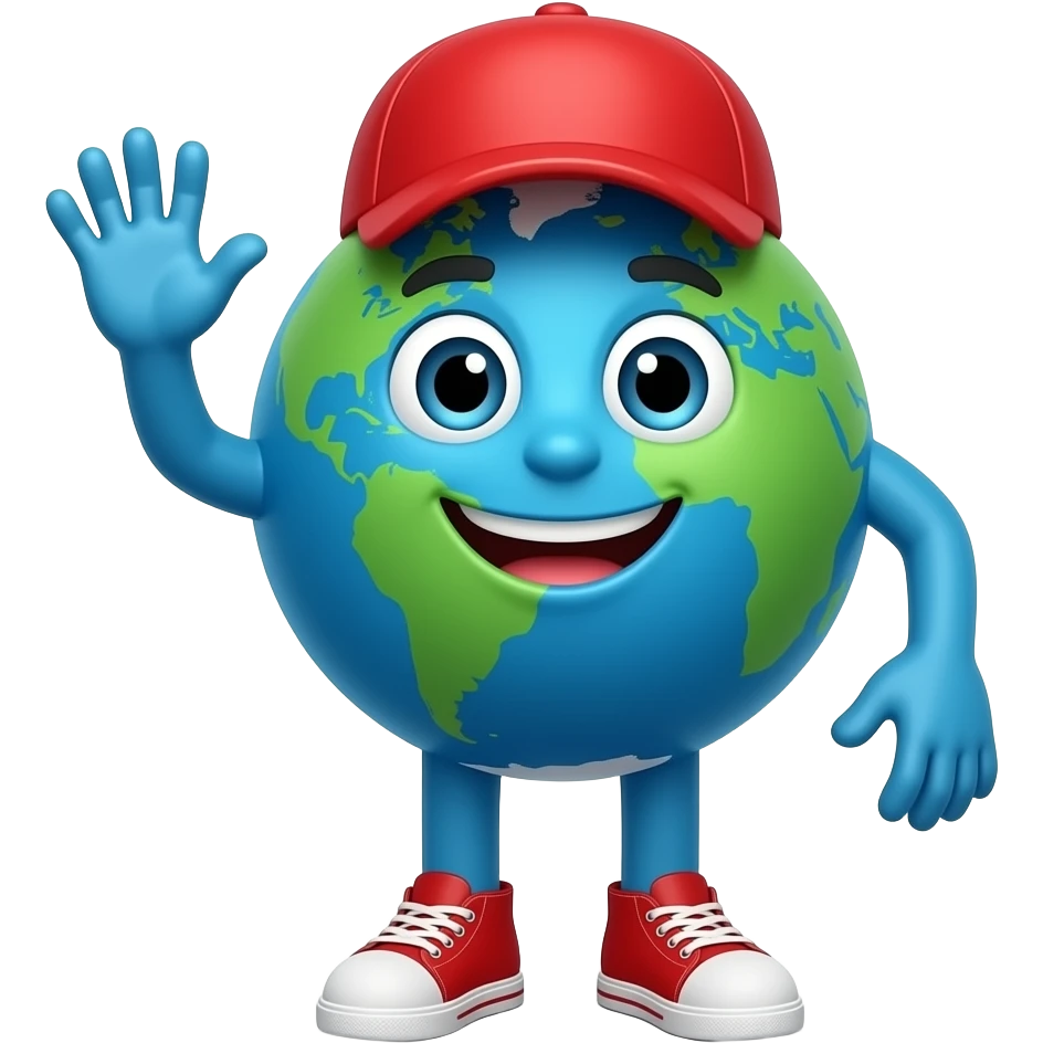 Earth with a face and wears a red cap and blue hands and blue legs and wearing a red shoes and say hello emoji