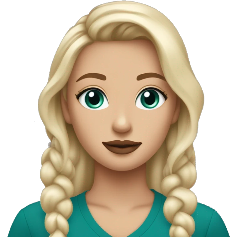 Blonde girl with blue eyes and a full face of makeup except for eyeshadow. Add a dark green shirt with ￼ Navajo pearl necklaces and teal earrings ￼ emoji