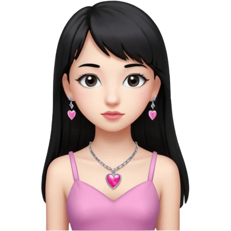 Cabelos pretos longos lisos ,com franja curvada .olhos pretos puxadinho para cima. Cílios longos curvados. Pele clara ,nariz pequeno ,lábios carnudos ,adolescente 16 anos ,vestido rosa de alça, colar de coração prata ,brinco de diamante emoji