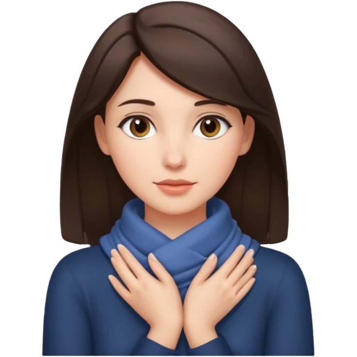 a brunette woman with two hands wrapped opposite around her neck emoji