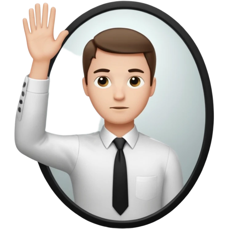 A man wearing a white dress shirt and black tie looking into a mirror holding up his hand. We should be seeing the back of the man and his reflection in the mirror. emoji