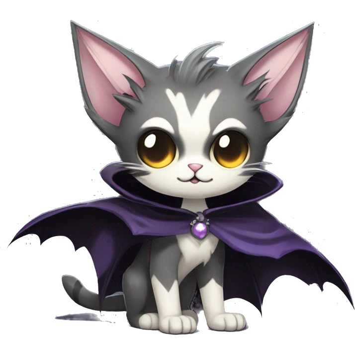   cool edgy beautiful anime-style ethereal dark-punk-themed animal vampiric cat-hybrid Fakemon with fangs and bat-wing-ears with a cape full body emoji