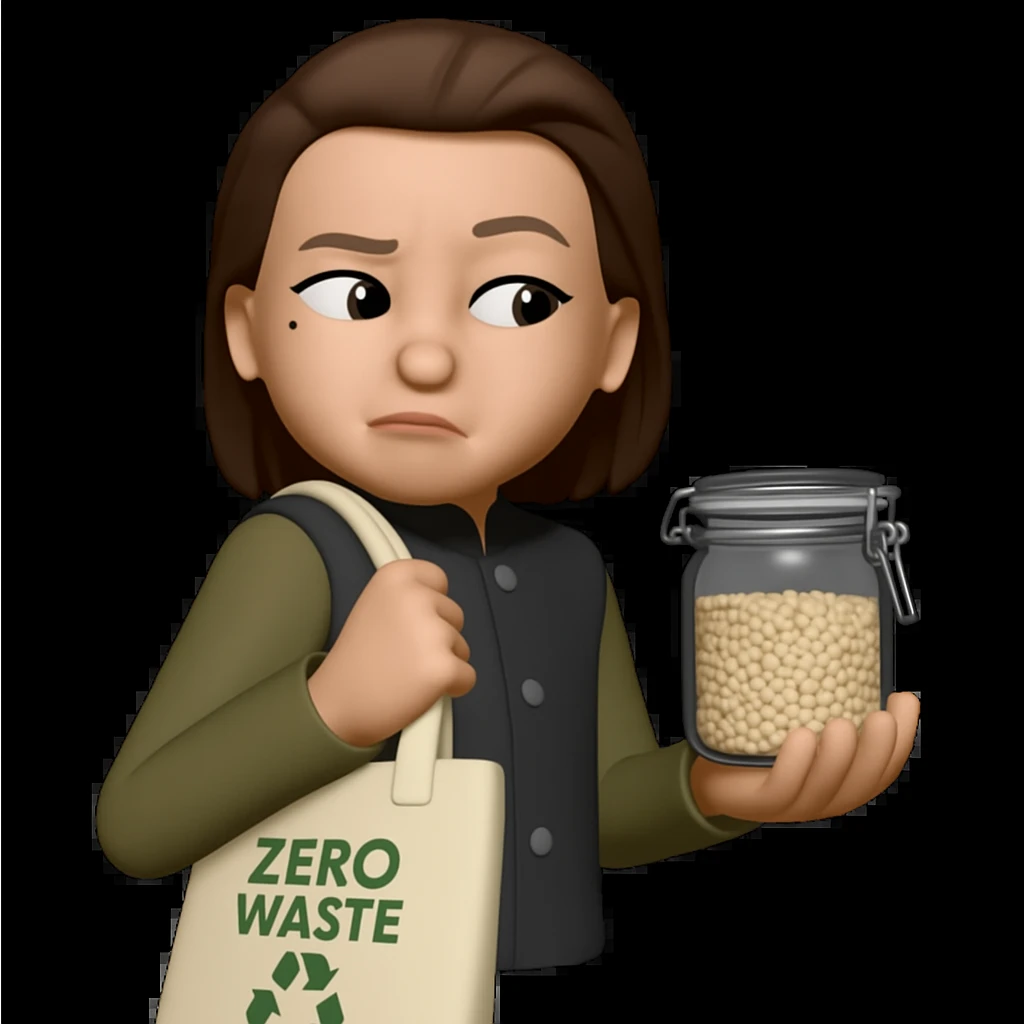 Edit the image to show the woman shopping in a zero waste store, holding a reusable bag and a glass jar. She should have a sneaky or curious expression as if spying on other customers. Keep the original style of the image. Make the background transparent. emoji