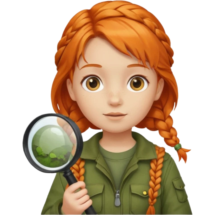 braid orange haired girl kid in moss green explorer outfit, holding magnifying glass emoji