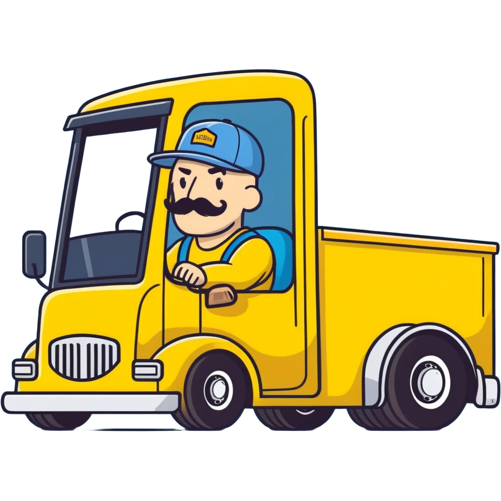 bald truck driver with mustache and baseball cap driving yellow semi sleeper truck emoji